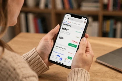 Femme tenant un Samsung Galaxy A05s affichant un comparateur de prix sur son écran