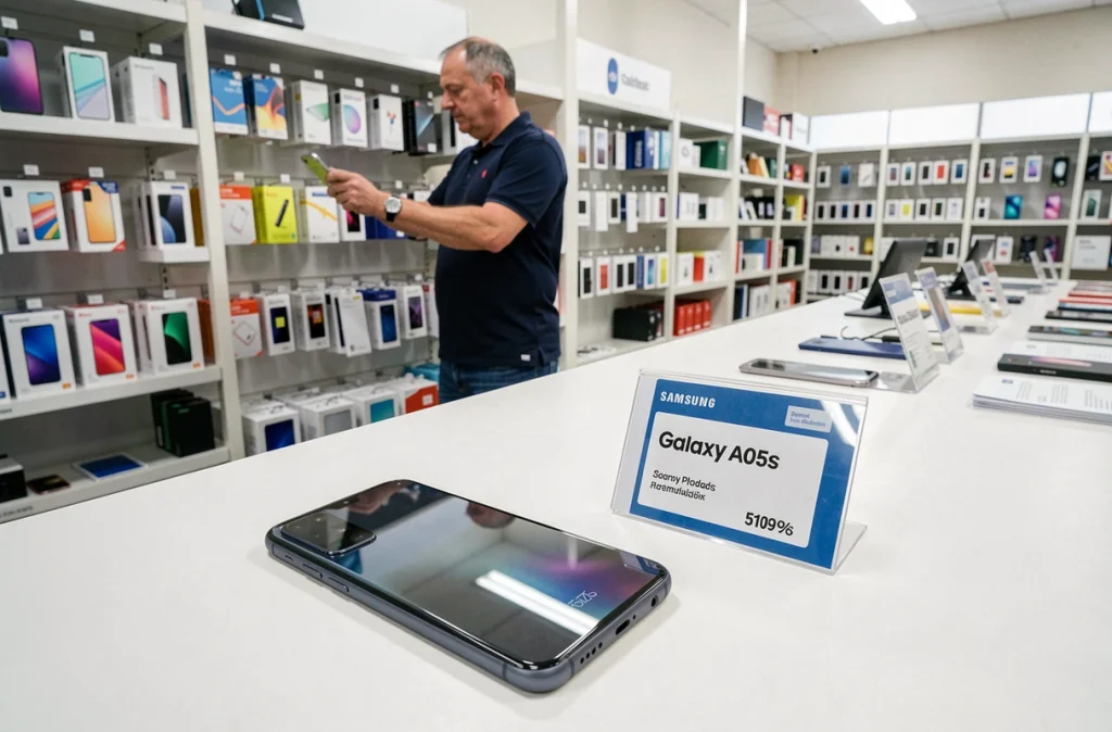 Samsung Galaxy A05s posé sur un comptoir de magasin avec une étiquette de prix promotionnel