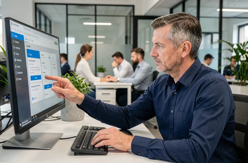 Professionnel sauvegardant des documents sensibles dans le cloud sur un ordinateur de bureau en open space