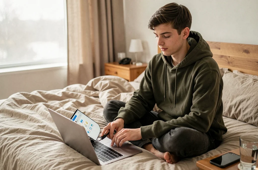 Jeune adulte effectuant une sauvegarde de fichiers personnels sur clé USB depuis son ordinateur portable dans sa chambre