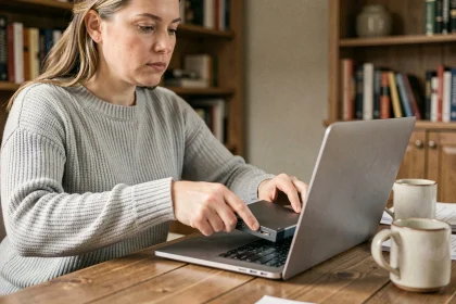 Femme sauvegardant ses fichiers sensibles sur un disque dur externe dans un bureau à domicile