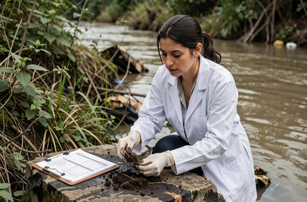 Scientifique prélevant des échantillons de sol pollué près d'une rivière contaminée par les déchets de l'industrie technologique