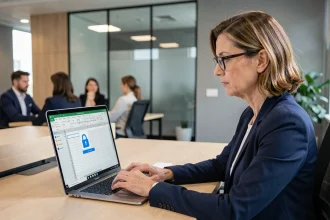 Femme professionnelle sécurisant l'accès à un document bureautique sensible sur ordinateur portable au bureau