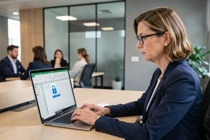 Femme professionnelle sécurisant l'accès à un document bureautique sensible sur ordinateur portable au bureau