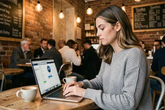 Femme utilisant un VPN sur son ordinateur portable dans un café public pour sécuriser sa connexion Wi-Fi