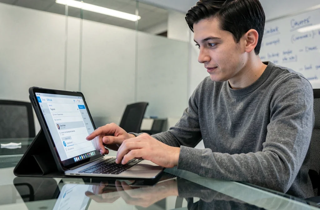 Jeune professionnel configurant sa signature Outlook sur tablette dans une salle de réunion moderne