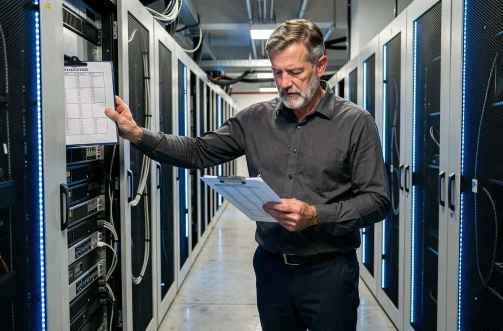 Technicien informatique inspectant une salle serveurs pour garantir la disponibilité et l'intégrité des systèmes d'information