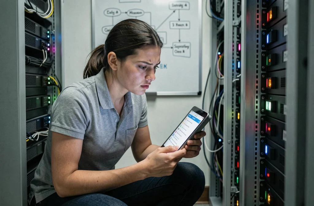 Technicienne informatique analysant des alertes de ransomware dans la salle serveur d'une PME