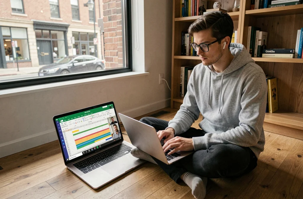Jeune professionnel travaillant à distance sur un document partagé Microsoft 365 depuis son bureau à domicile avec Teams ouvert sur un second écran