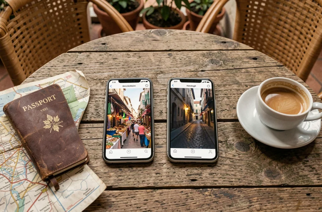 Comparaison de photos prises par deux smartphones posés sur une table de café avec carte et passeport, illustrant un test photo en voyage