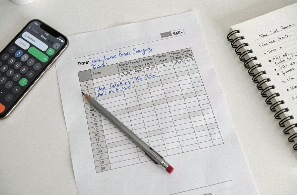 Vue aérienne d'une feuille de calcul Excel imprimée avec annotations manuscrites pour le calcul du temps de travail