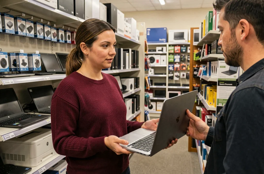 Spécialiste IT présentant du matériel informatique reconditionné dans un magasin d'économie circulaire