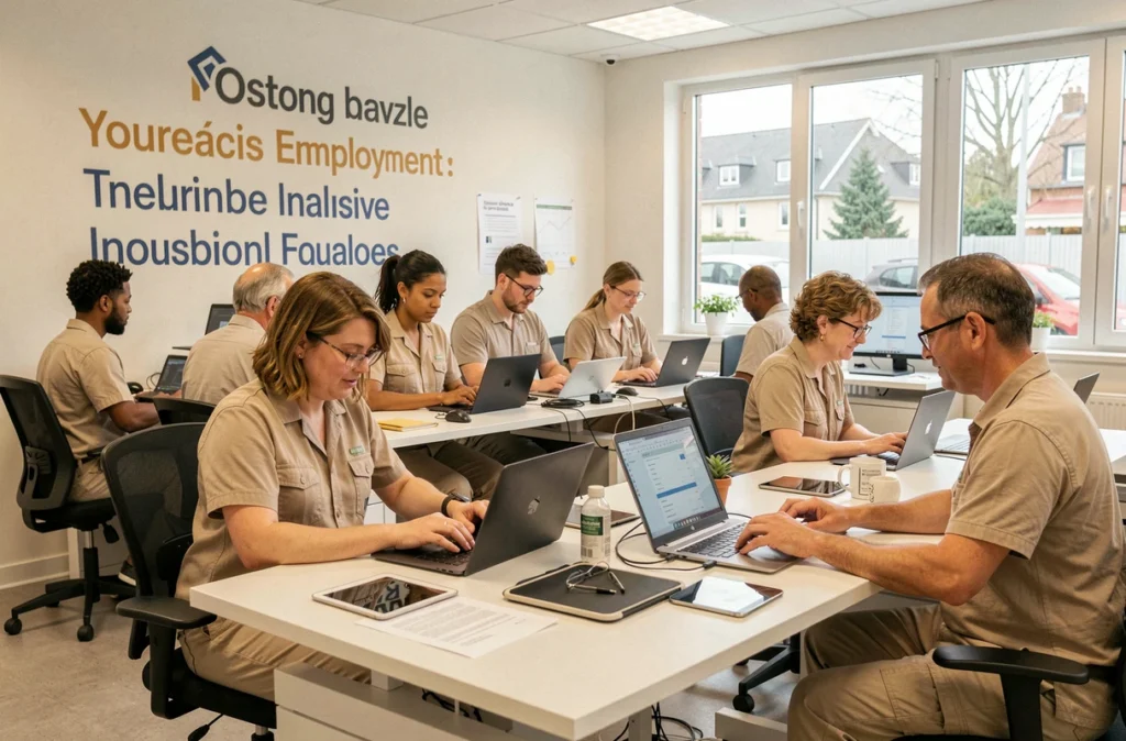 Équipe inclusive d'AfB Toulouse reconditionnant des appareils électroniques dans un atelier professionnel adapté