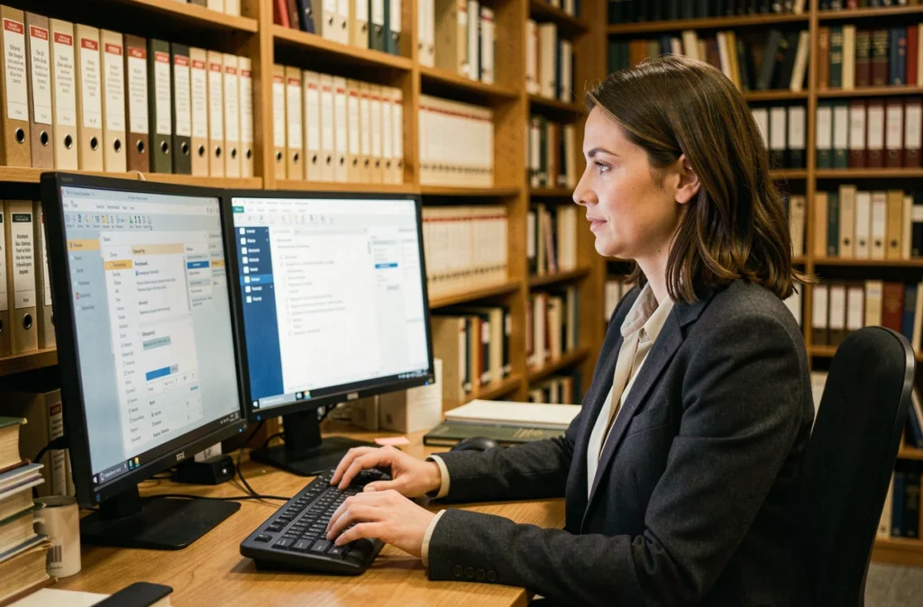 Spécialiste IT configurant un système de gestion documentaire dans une institution culturelle ou publique