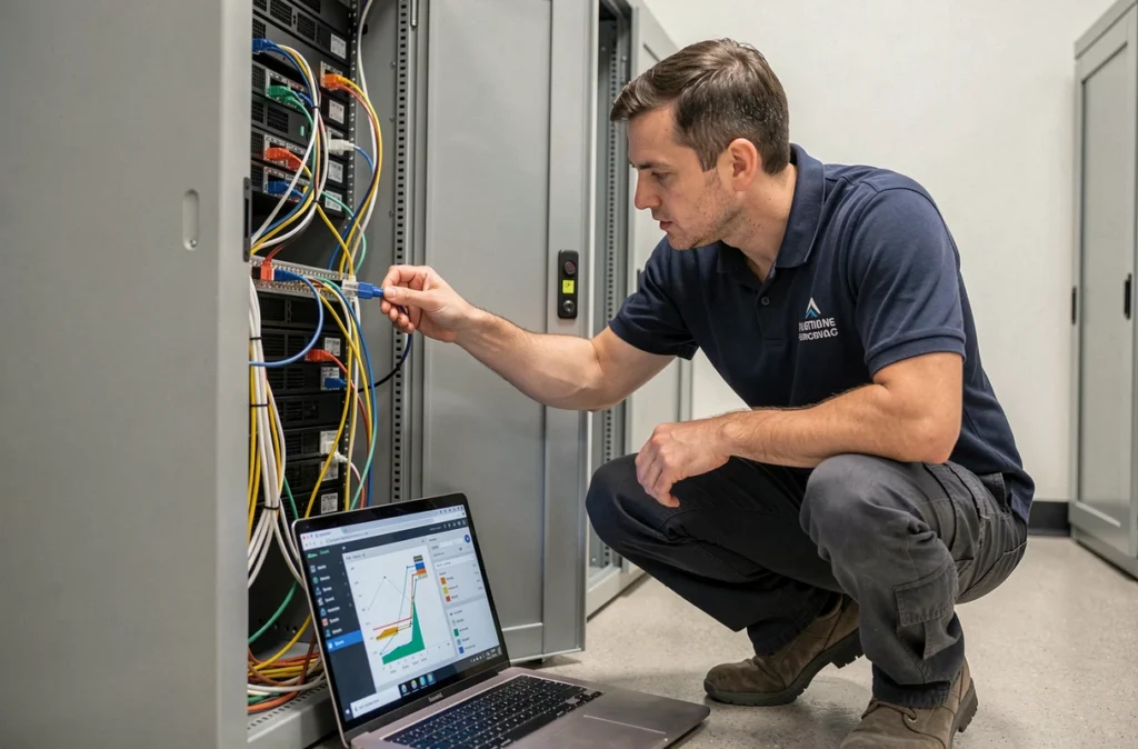 Technicien IT réalisant une intervention de proximité sur l'infrastructure réseau d'une petite entreprise