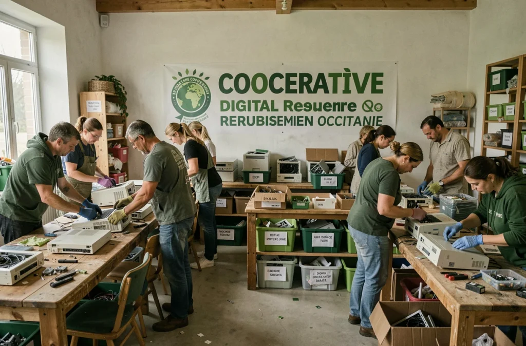 Membres de la coopérative Cycl-Op en Occitanie triant et reconditionnant du matériel informatique dans un espace collaboratif