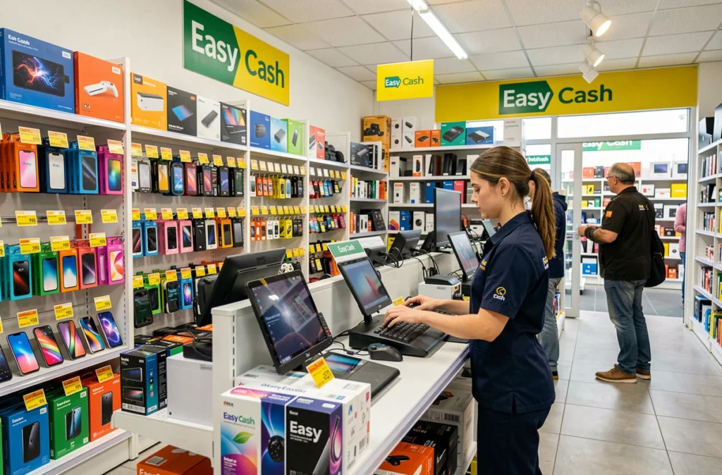 Intérieur d'un magasin Easy Cash à Toulouse avec des rayons de smartphones et consoles de jeux d'occasion et reconditionnés