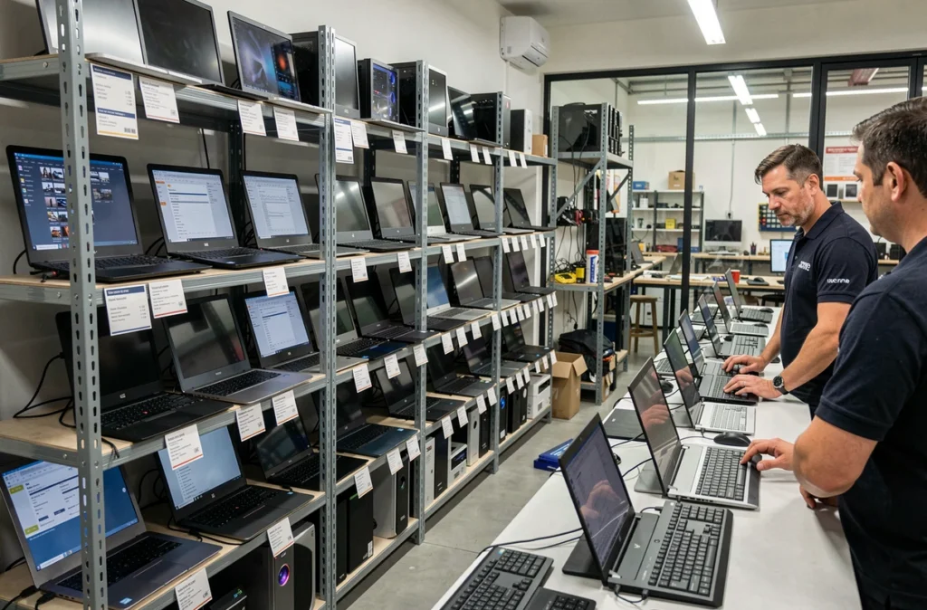 Magasin Eco-Informatique à Toulouse avec des PC reconditionnés sur des étagères industrielles et un technicien conseillant un client