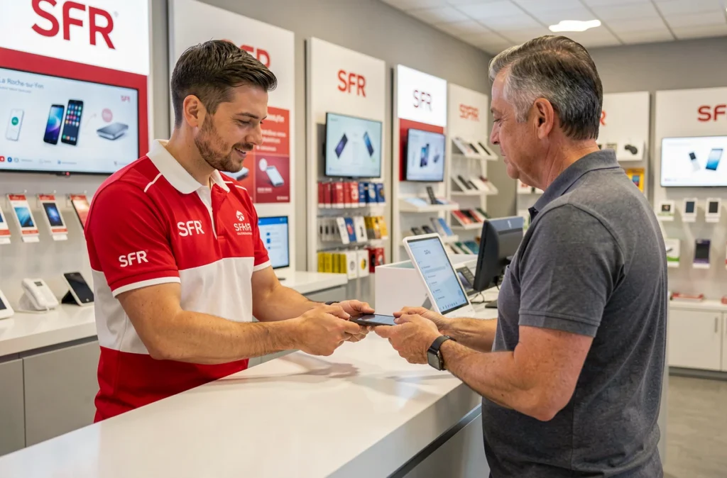 Conseiller SFR La Roche-sur-Yon remettant un smartphone réparé à un client au comptoir