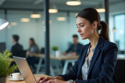 Femme consultant une interface de confidentialité RGPD sur son ordinateur portable dans un bureau en open space