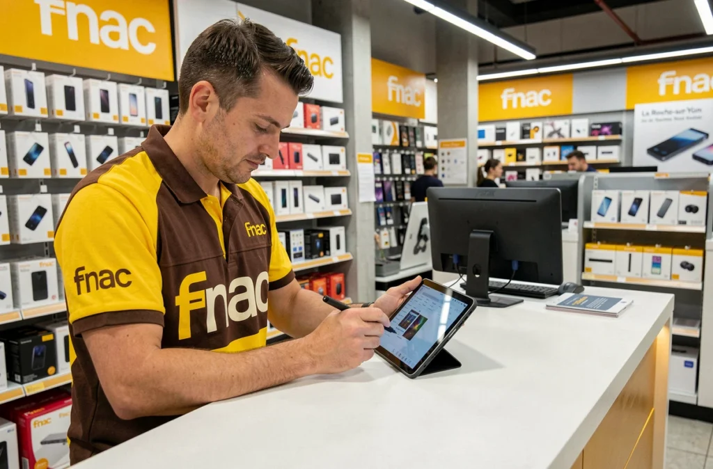 Technicien Fnac La Roche-sur-Yon effectuant un diagnostic smartphone au comptoir du service réparation