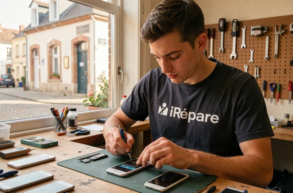 Technicien iRépare Fontenay-le-Comte remplaçant la batterie d'un iPhone sur un établi