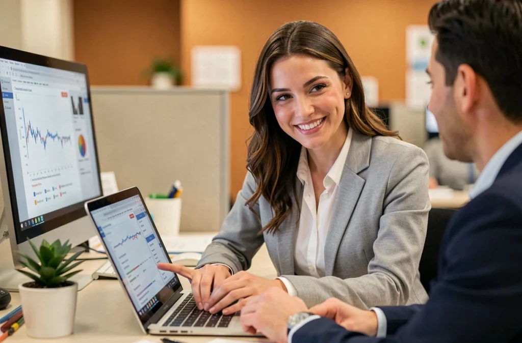 Spécialiste IT expliquant une solution technique à un client lors d'une réunion de service client