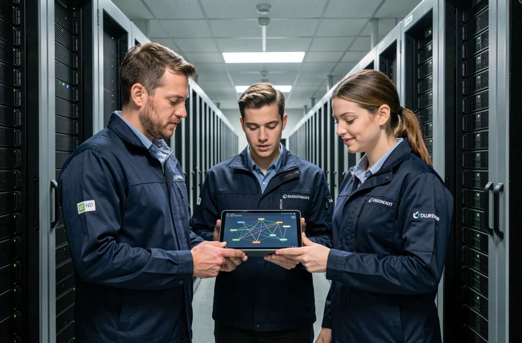 Équipe d'intégrateurs IT gérant l'infrastructure réseau de plusieurs sites dans un centre de données