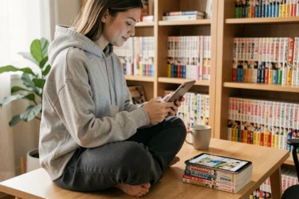 Jeune femme lisant des mangas et webtoons sur une tablette dans un bureau cosy avec une bibliothèque de manga en arrière-plan