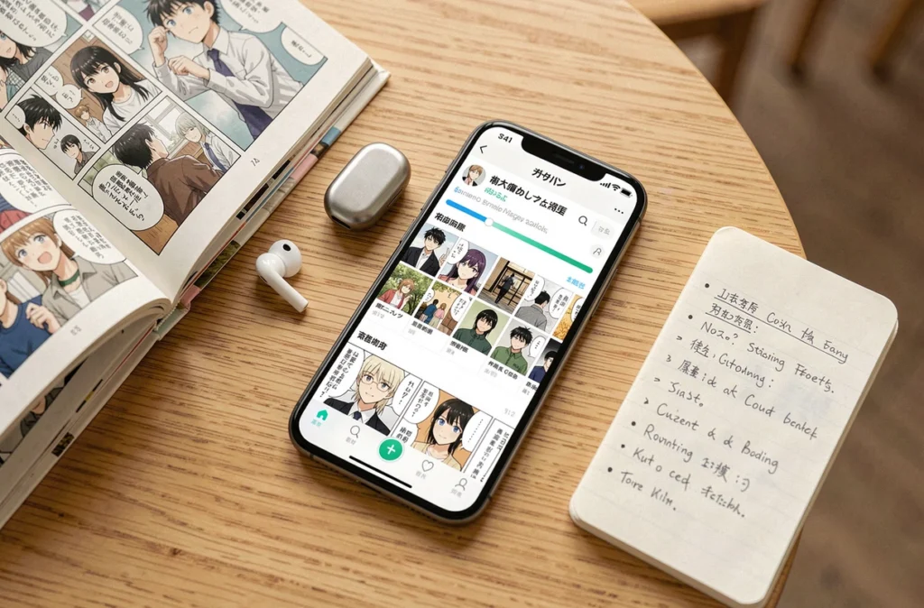 Flatlay d'une organisation de lecture de mangas et webtoons avec smartphone, volumes physiques et notes sur une table en bois