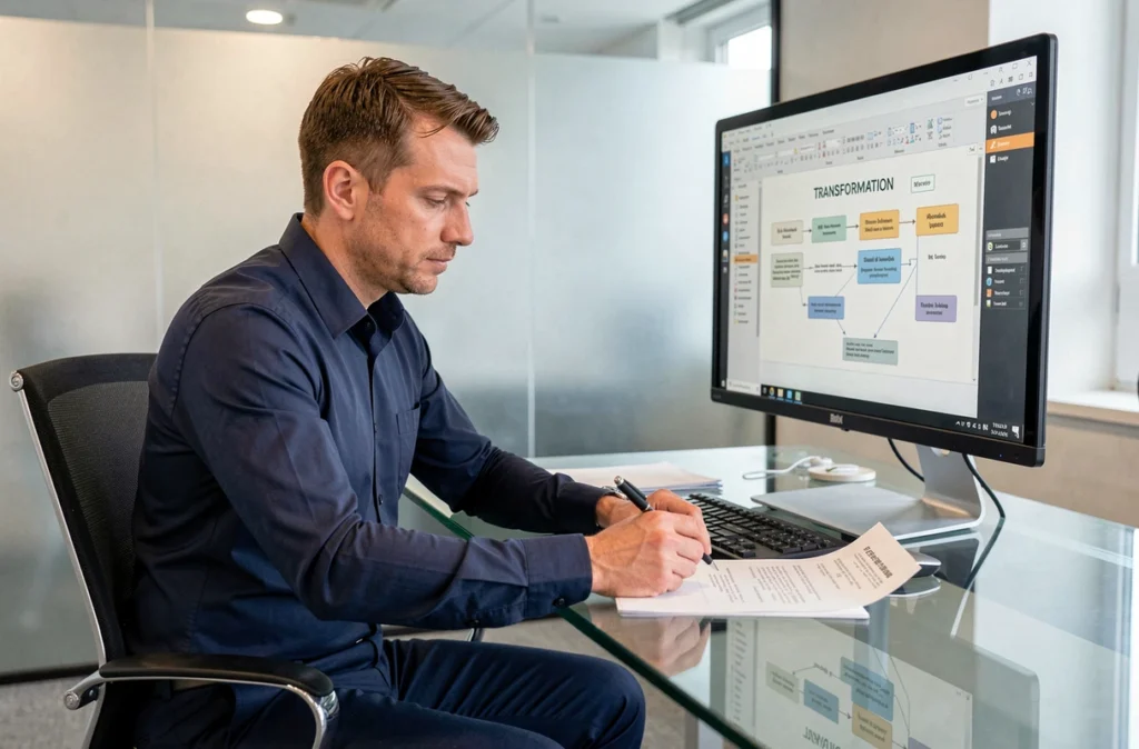 Consultant IT analysant un projet de transformation numérique dans un bureau de conseil