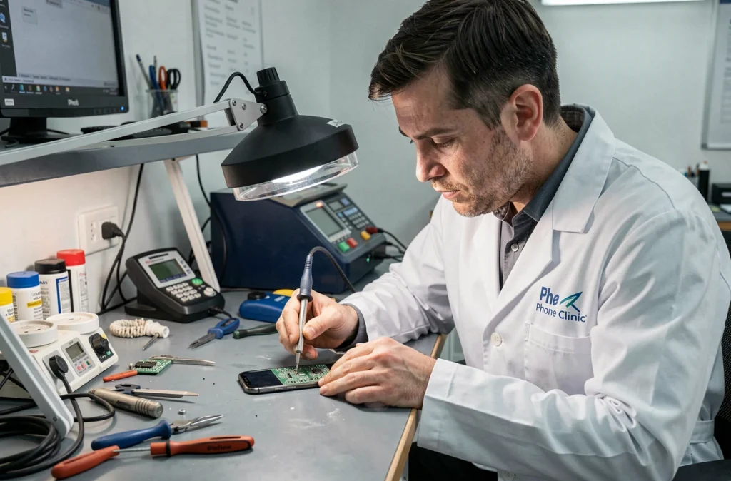 Technicien Phone Clinic La Roche-sur-Yon effectuant une microsoudure sur une carte mère de smartphone