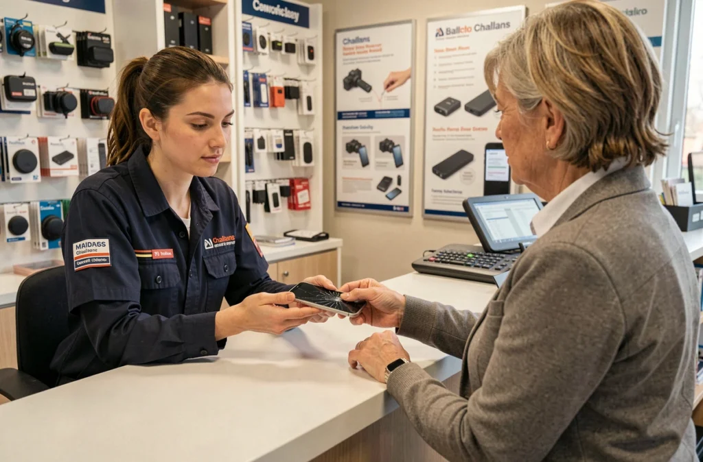 Technicienne du Point Service Mobiles Challans accueillant une cliente avec un smartphone fissuré