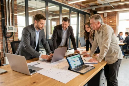 Équipe de prestataires informatiques en Saône-et-Loire travaillant ensemble dans un bureau moderne