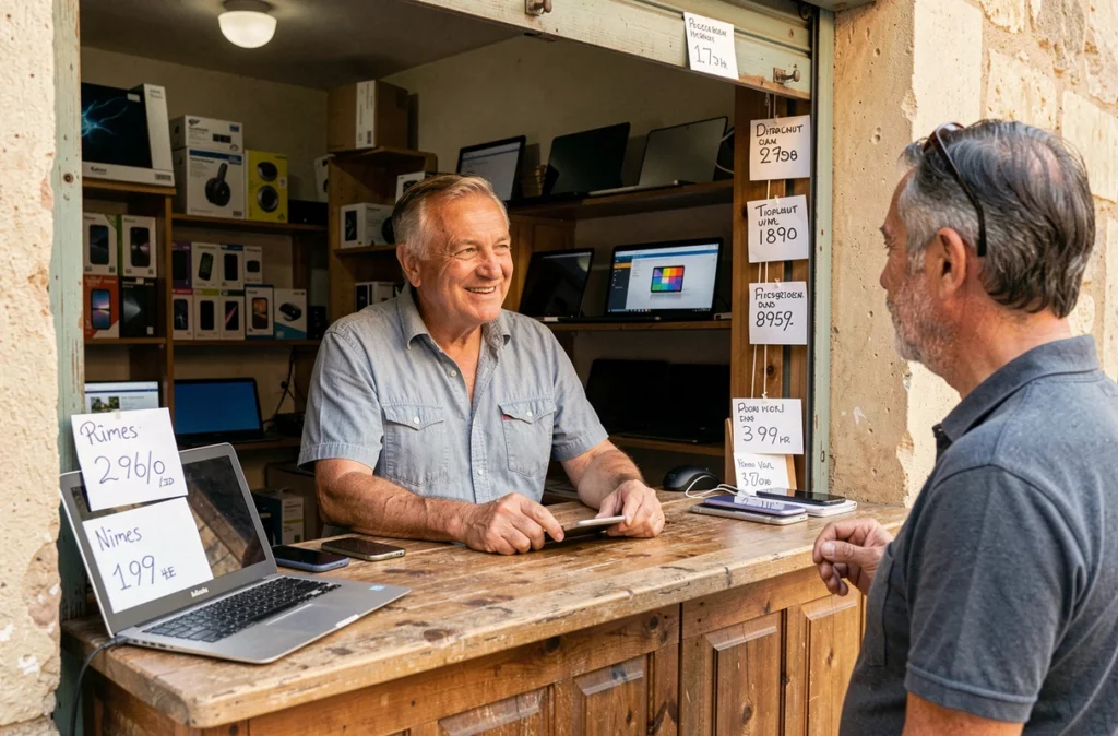 Propriétaire de Reboot Informatique Nîmes accueillant un client dans sa boutique de reconditionné de proximité