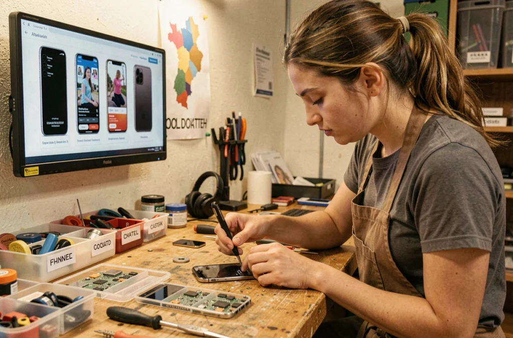 Technicienne de Remade Castres reconditionnant un smartphone dans un atelier artisanal en Occitanie