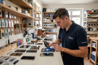 Technicien en train de réparer un smartphone dans un atelier moderne en Vendée