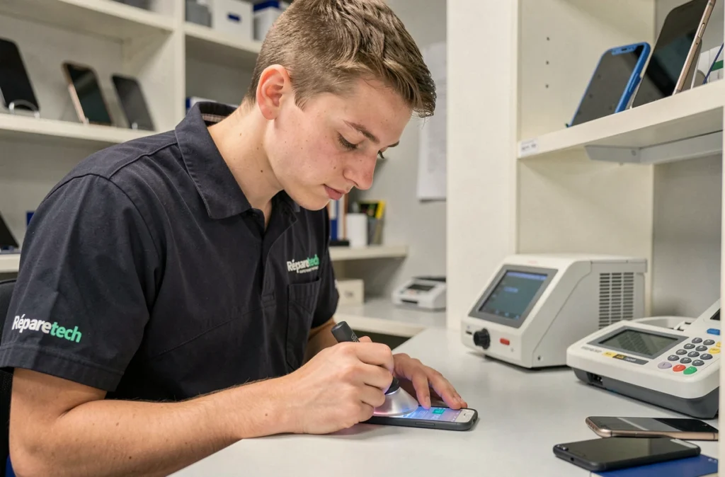 Technicien Réparetech Vendée ouvrant un smartphone avec une ventouse sur un établi