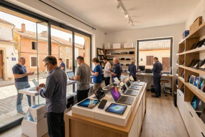 Boutique de matériel reconditionné en Occitanie avec des clients parcourant des smartphones et ordinateurs remis à neuf