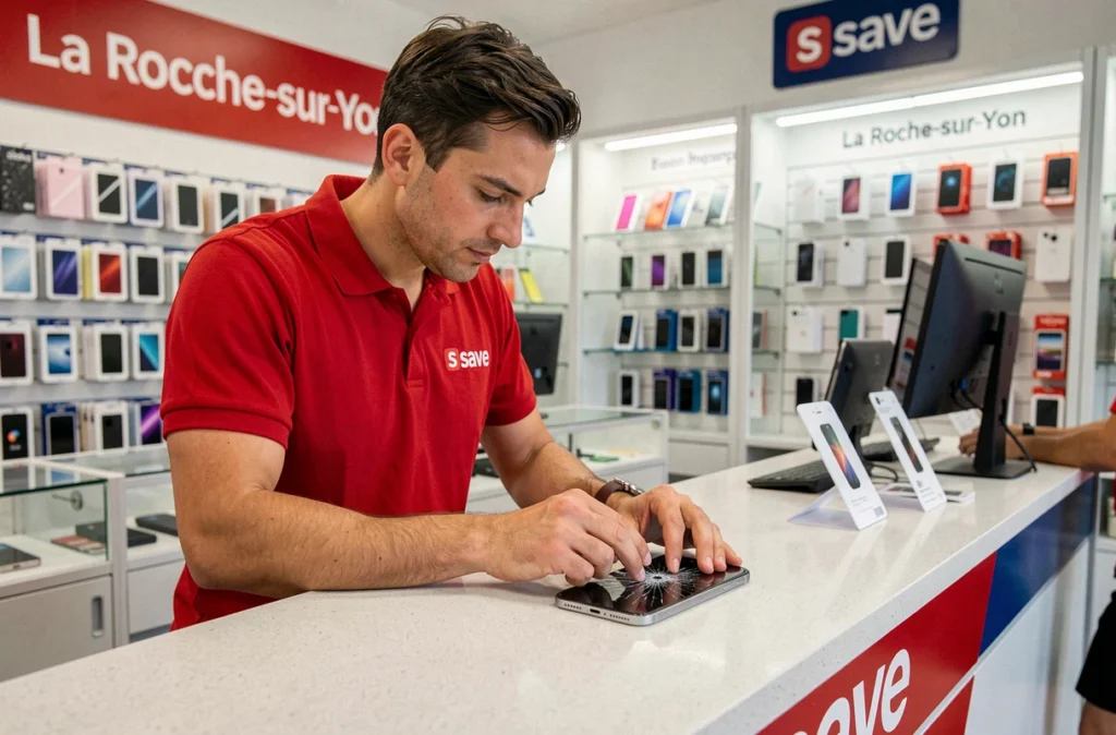 Technicien Save remplaçant l'écran d'un iPhone au comptoir de La Roche-sur-Yon