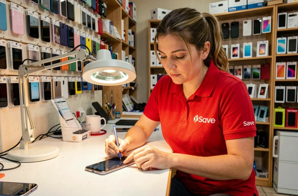 Technicienne Save Les Herbiers inspectant un Samsung Galaxy réparé sous une loupe