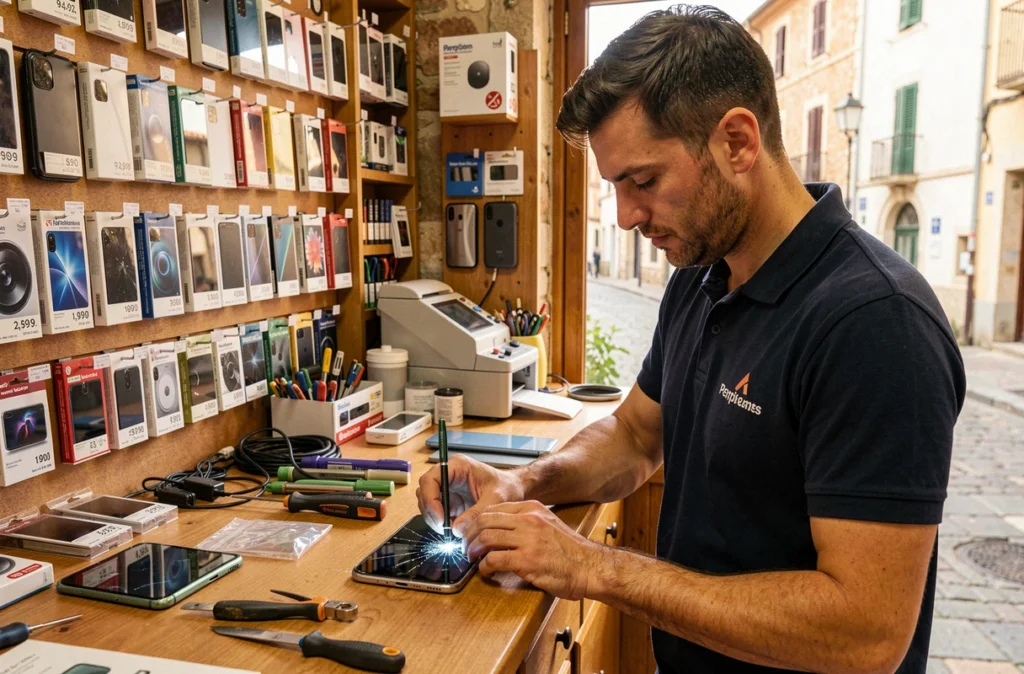Technicien de Save Perpignan réparant un smartphone dans une boutique de reconditionné en centre-ville