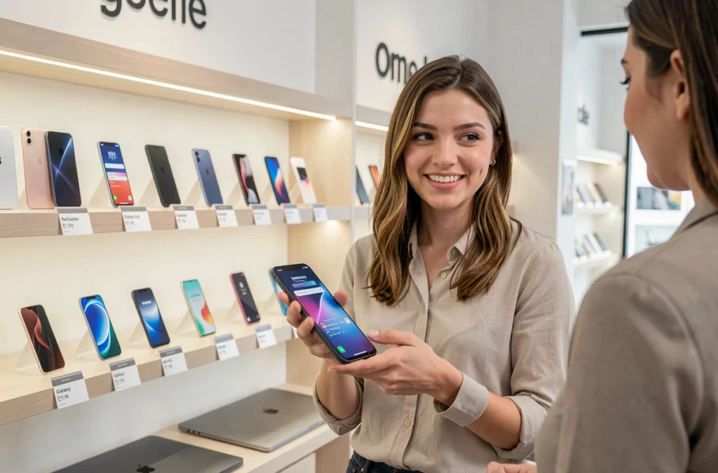 Boutique SMAAART à Montpellier présentant des smartphones et ordinateurs reconditionnés sur des étagères modernes