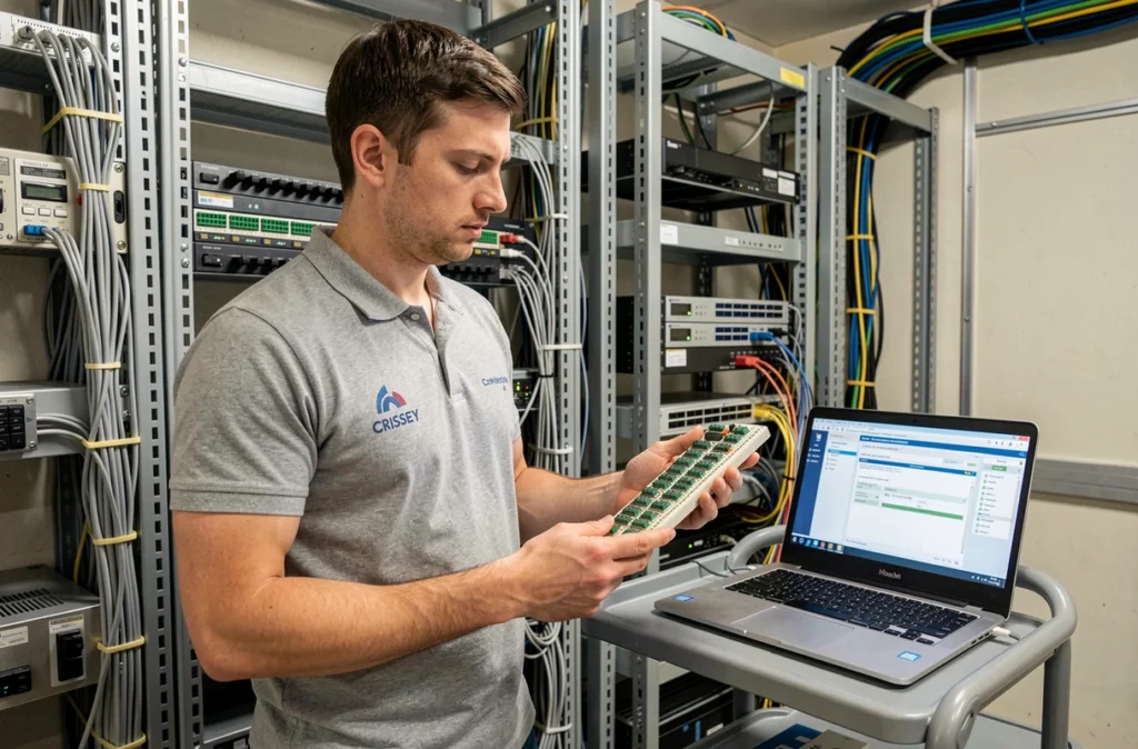 Technicien informatique gérant l'installation de câblage télécom et réseau dans un local technique