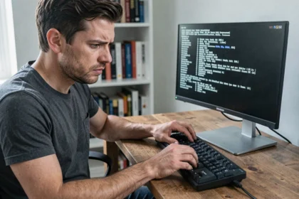 Homme appuyant sur la touche Suppr pour accéder au BIOS d'un PC de bureau au démarrage